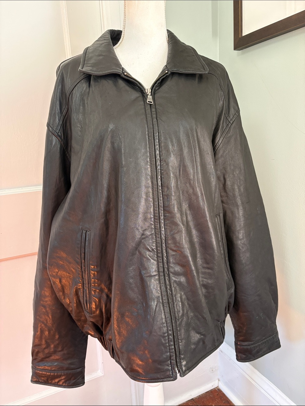 Hathaway Men's Black Leather Bomber Jacket Classic Zip Front Coat size XXL